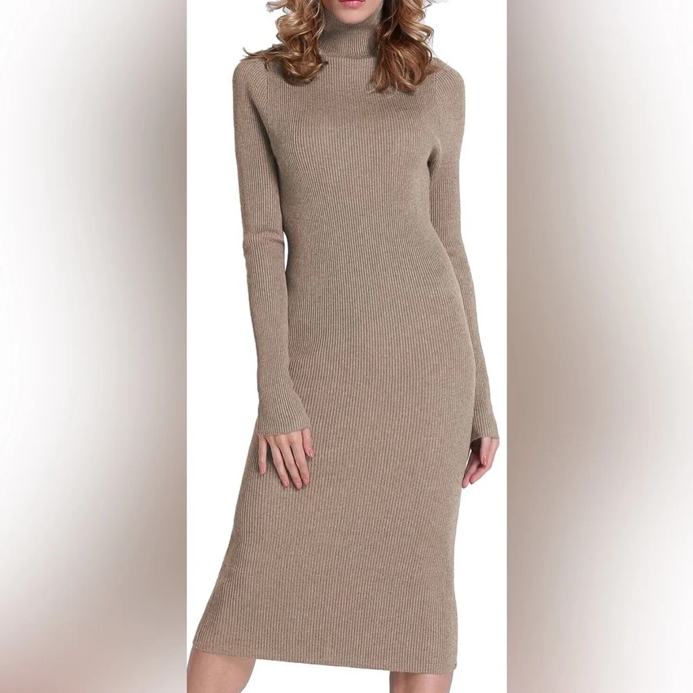 Turtleneck Ribbed Long Sleeve Knit Sweater Dress - Picture 1 of 4
